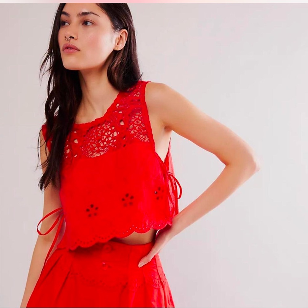 Free People Red Lace Sleeveless Cotton Top